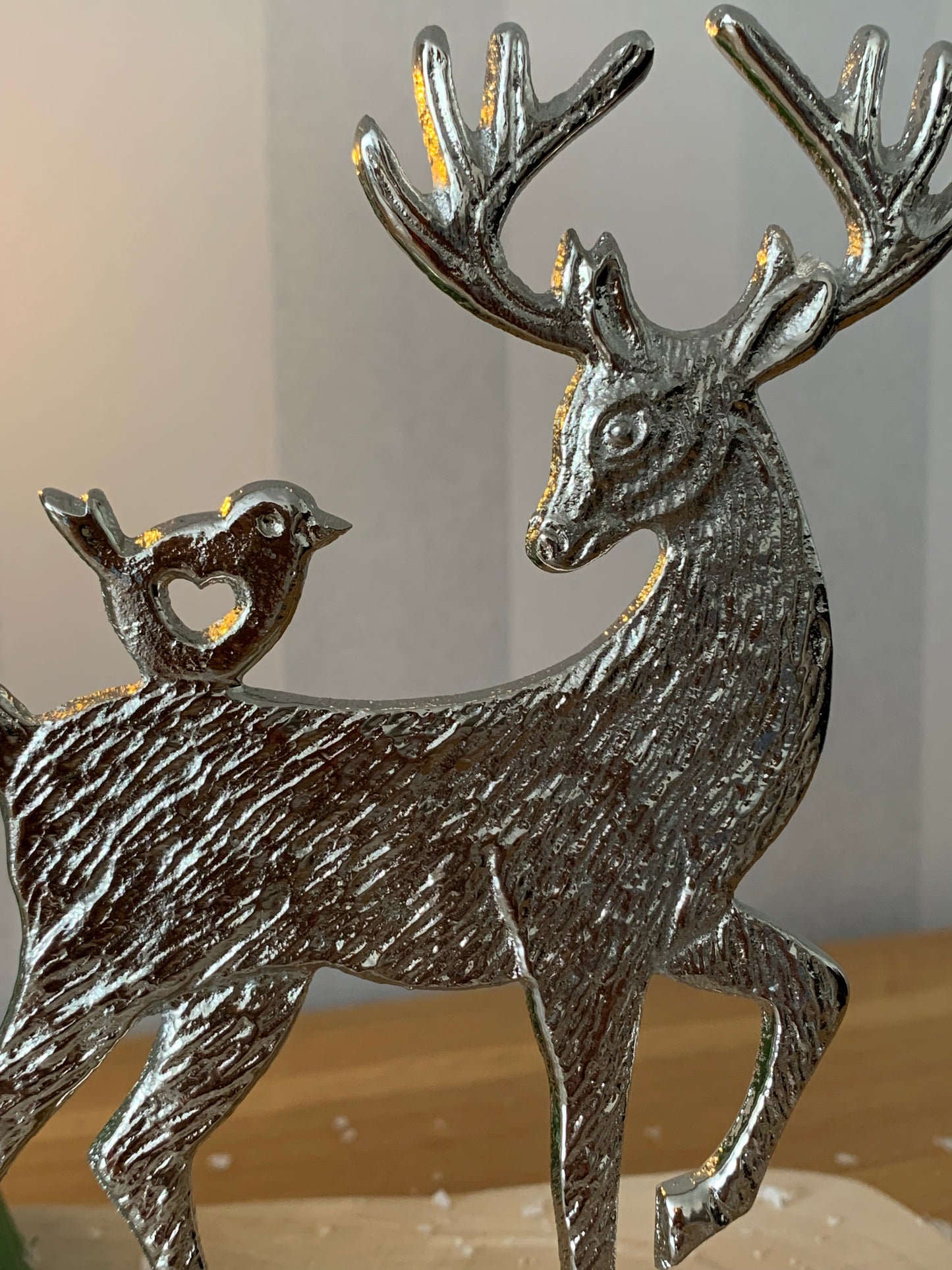 Silver Metal Reindeer On Wooden Base