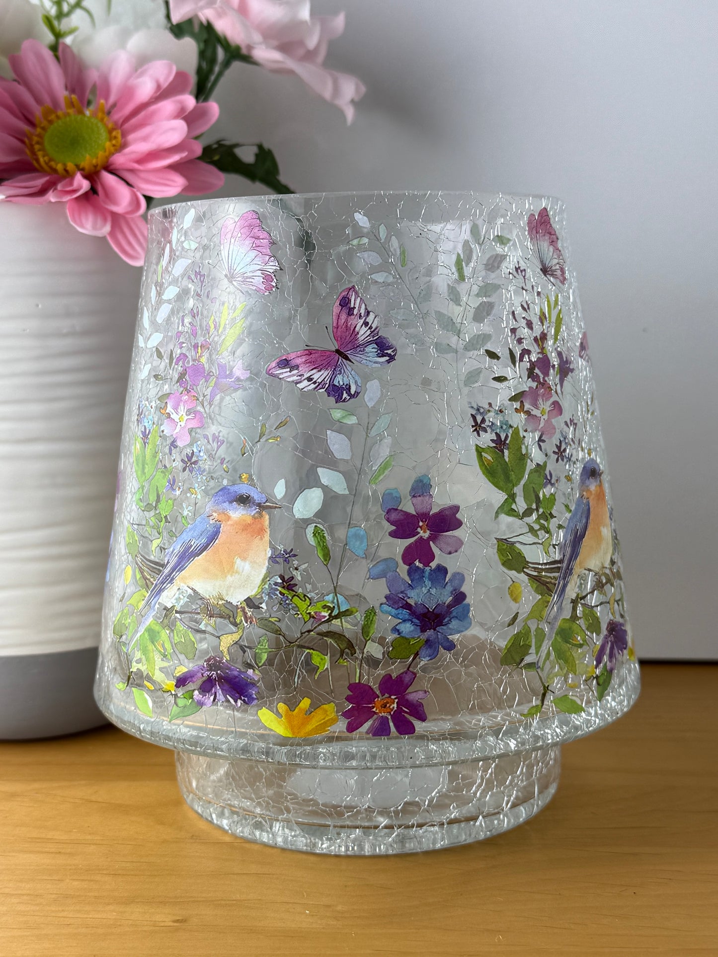 Floral Bird Hurricane Glass Vase - large