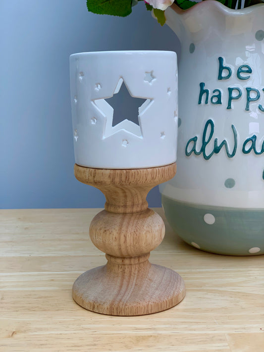 Mango Wood & Ceramic Candle Holder