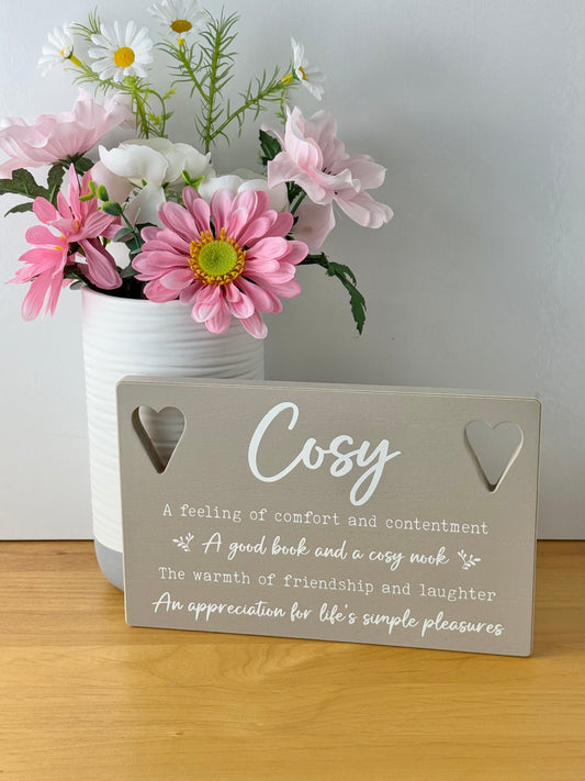 Cosy Home Sign - grey wood with cut out hearts