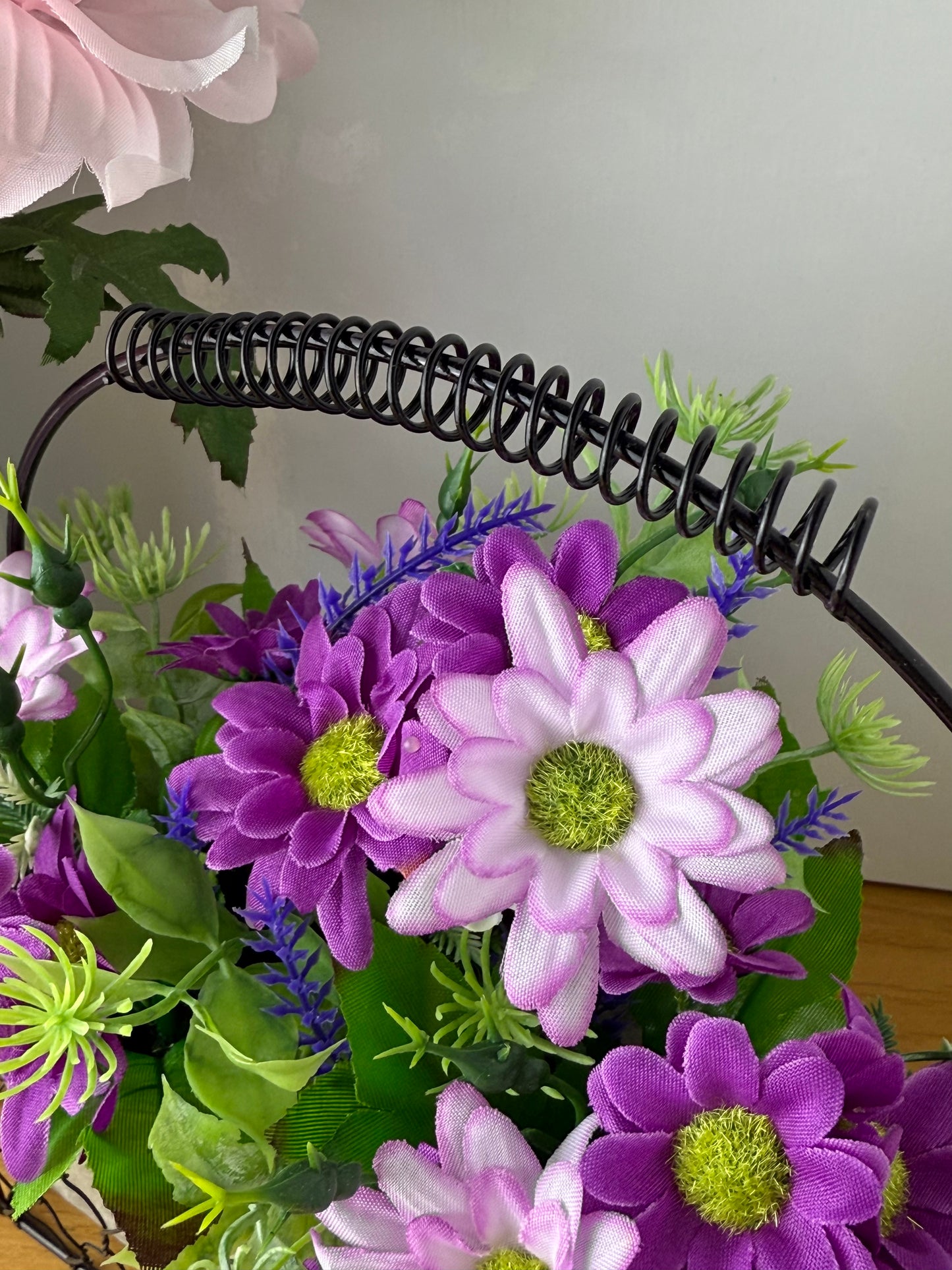 Purple & Lilac Forever Flowers in a Wire Basket