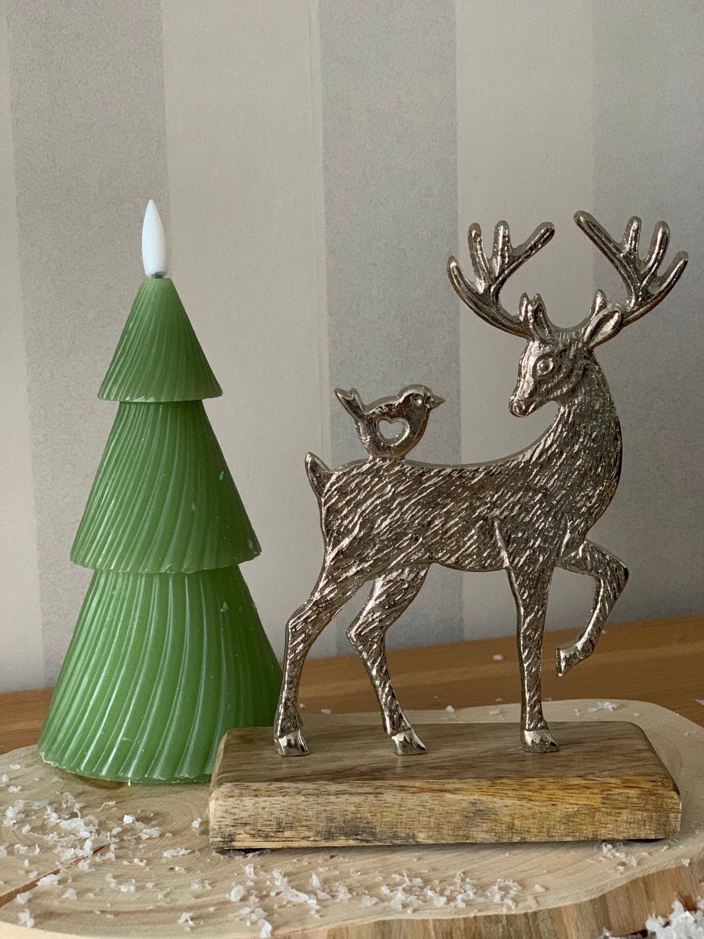 Silver Metal Reindeer On Wooden Base