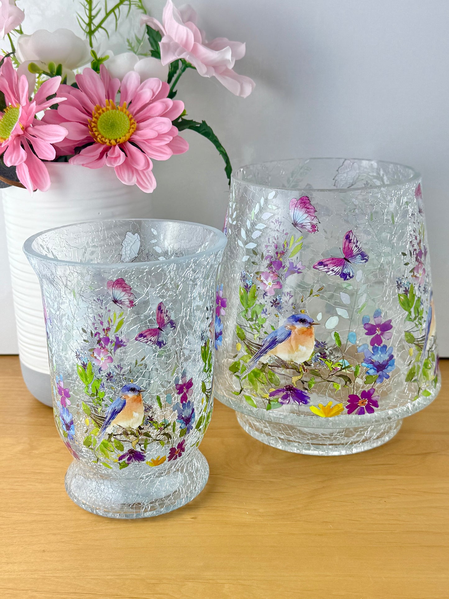 Floral Bird Hurricane Glass Vase - medium
