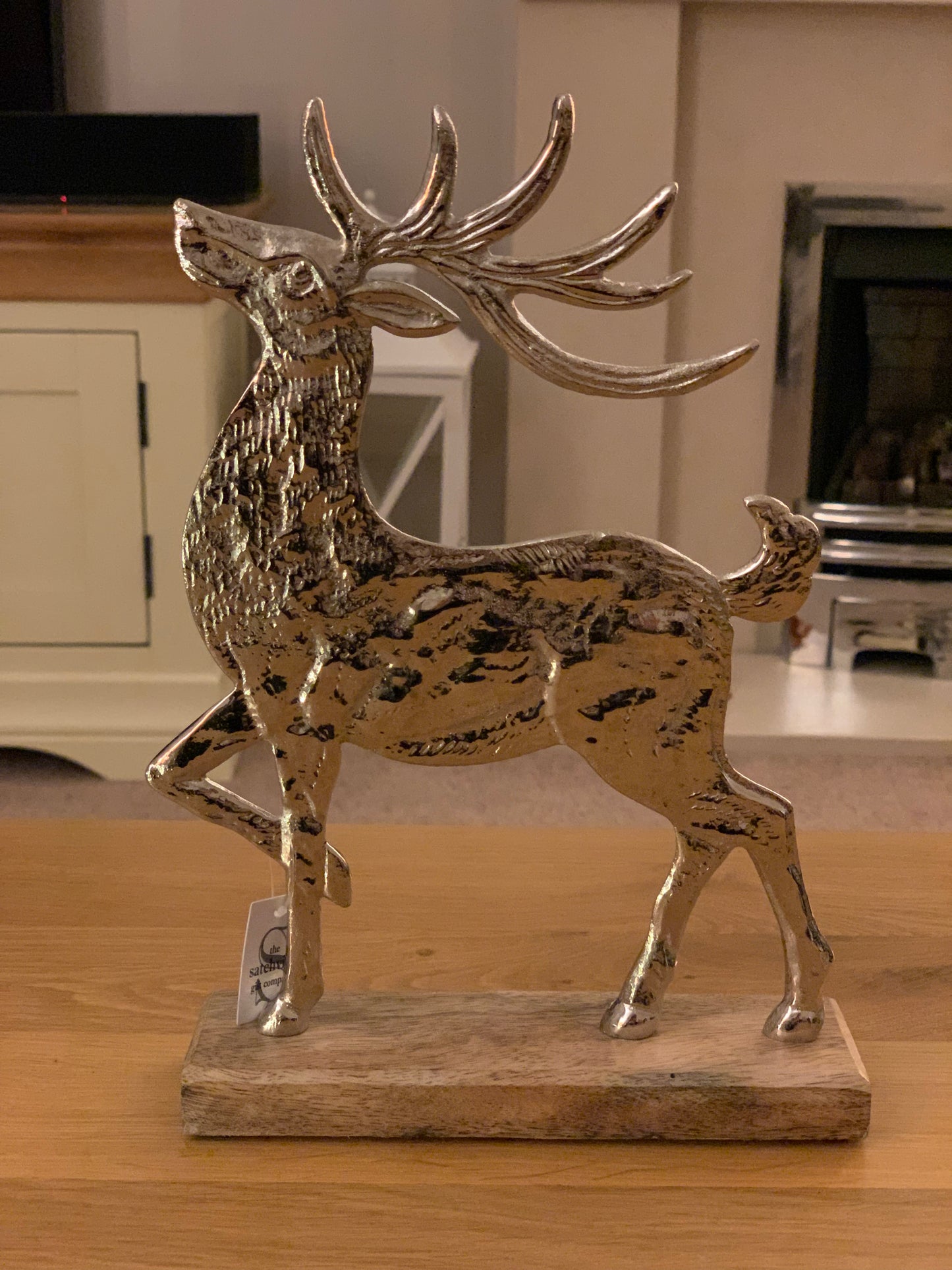 Silver Reindeer On Wooden Base - Large