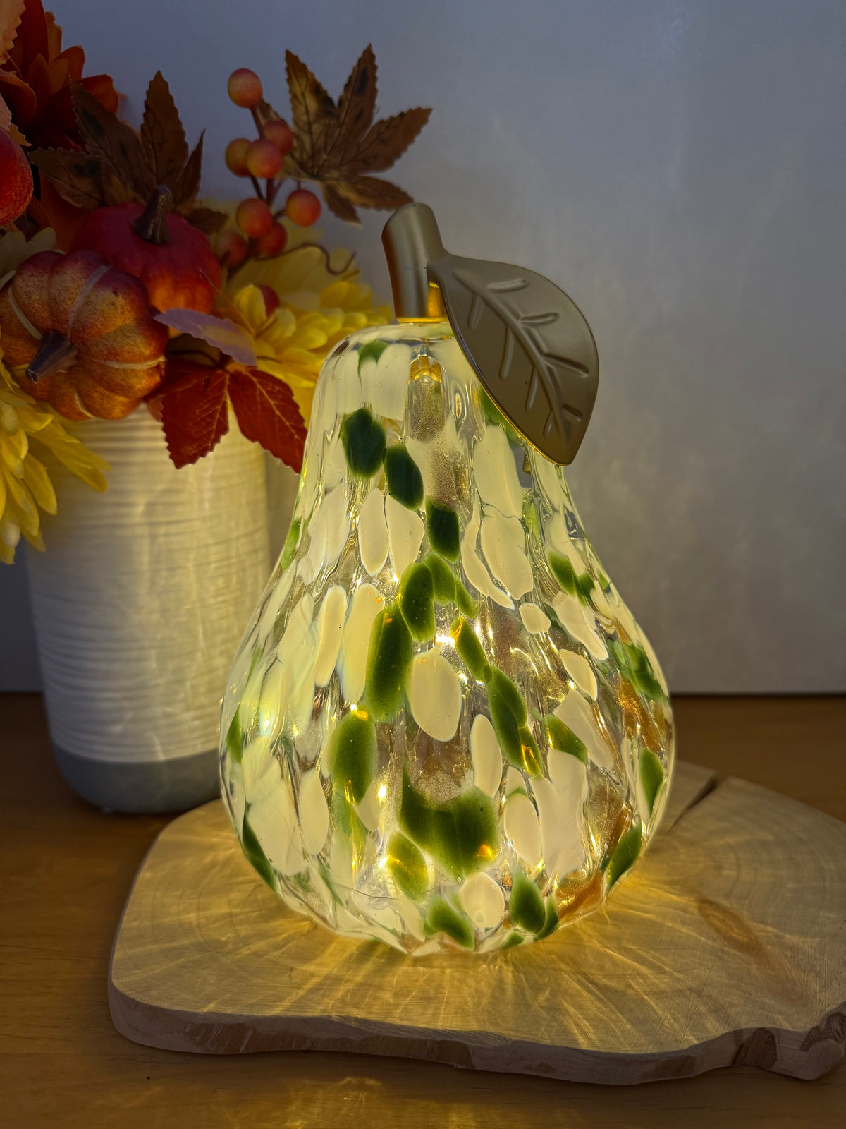 Diamond Cut Light Up Pear - Mottled Green with gold leaf - 2 Sizes
