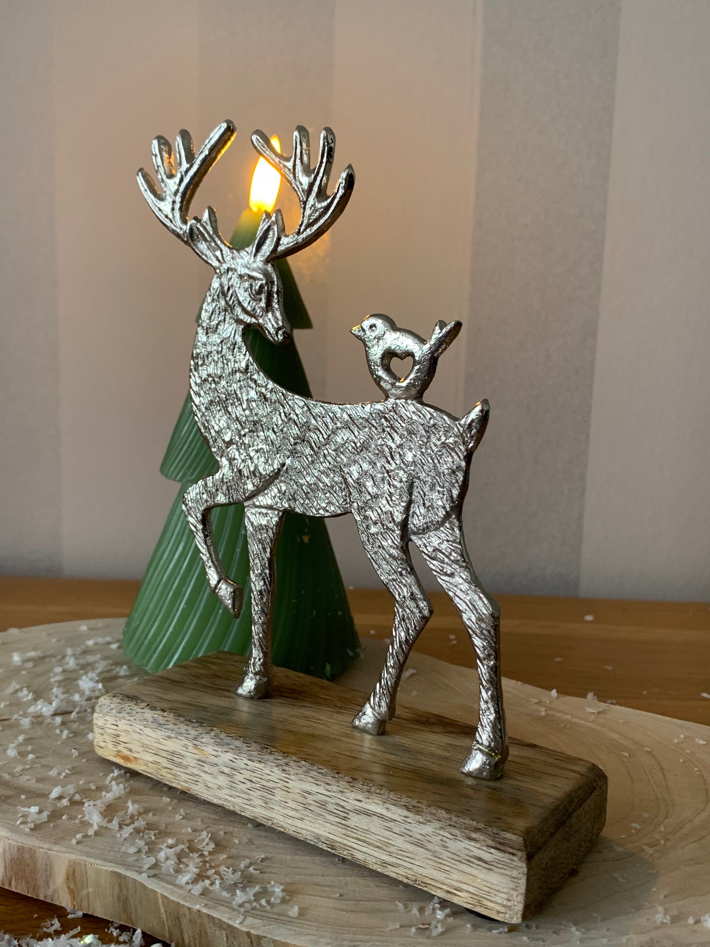 Silver Metal Reindeer On Wooden Base