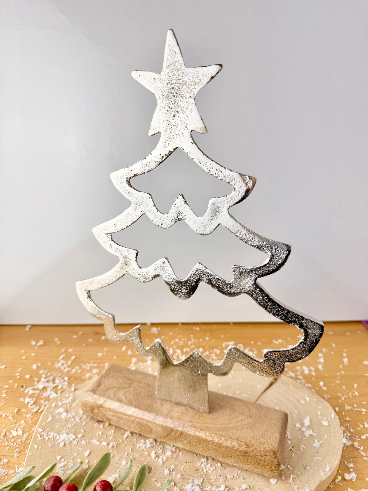 Wooden Base Silver Christmas Tree with Star - 2 Sizes