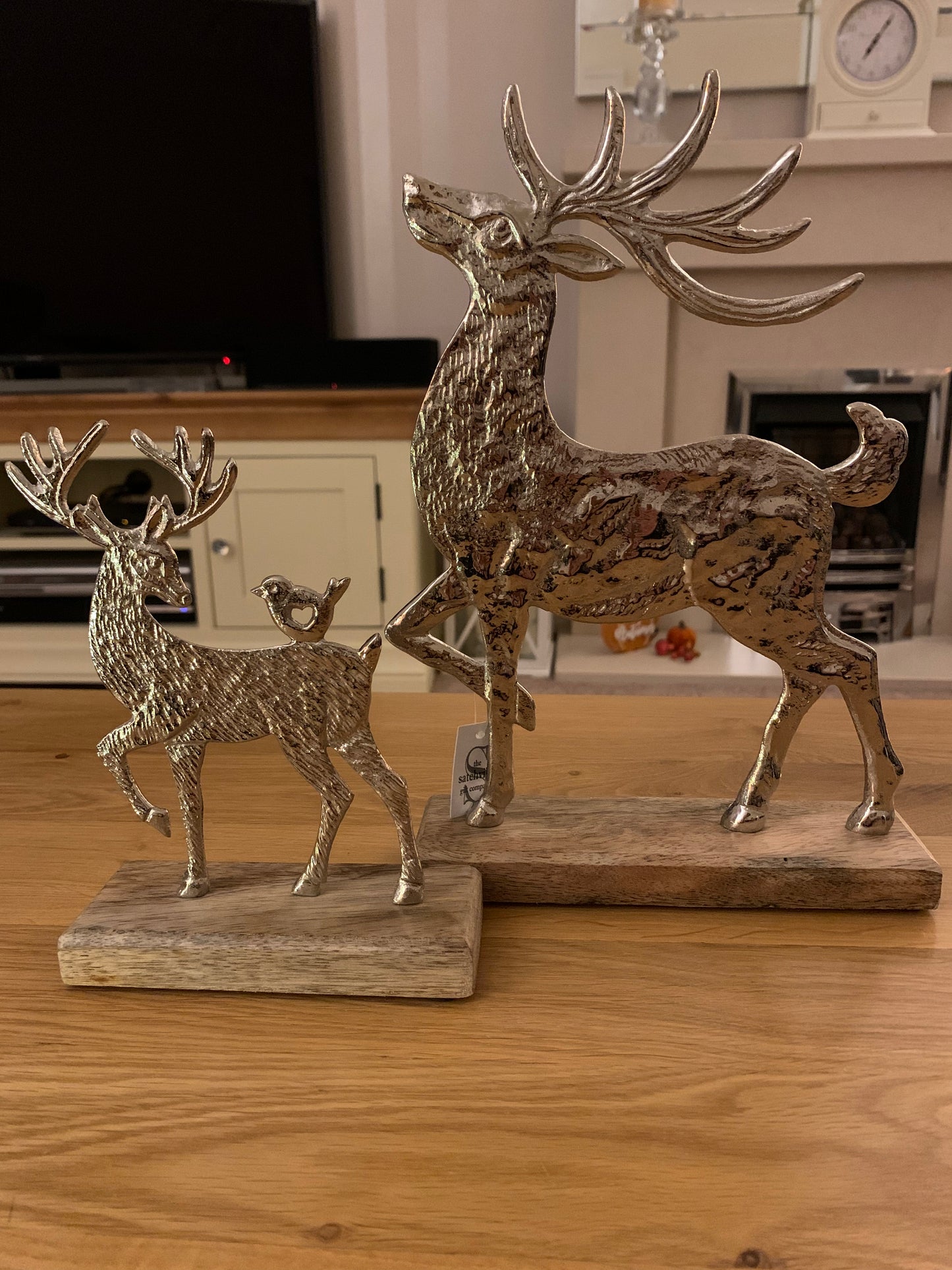 Silver Reindeer On Wooden Base - Large