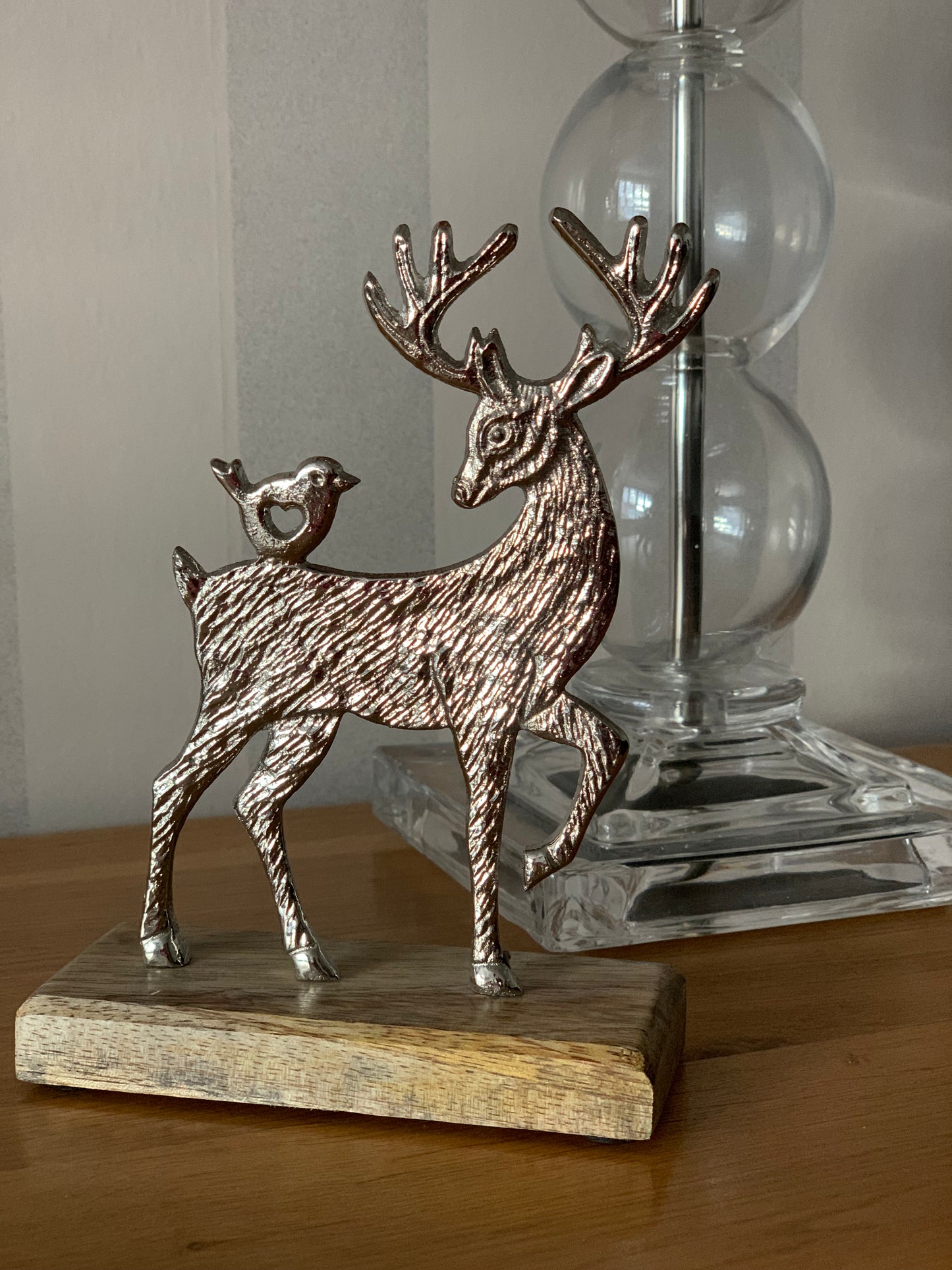 Silver Metal Reindeer On Wooden Base