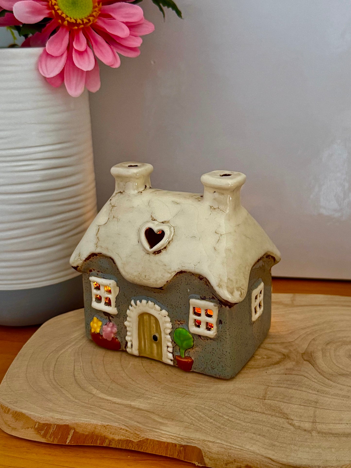 Village Pottery Grey mini heart Cottage Tea Light Holder