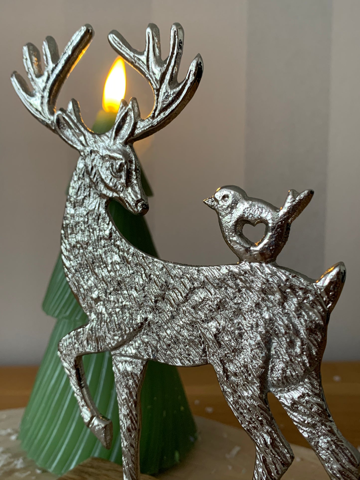Silver Metal Reindeer On Wooden Base