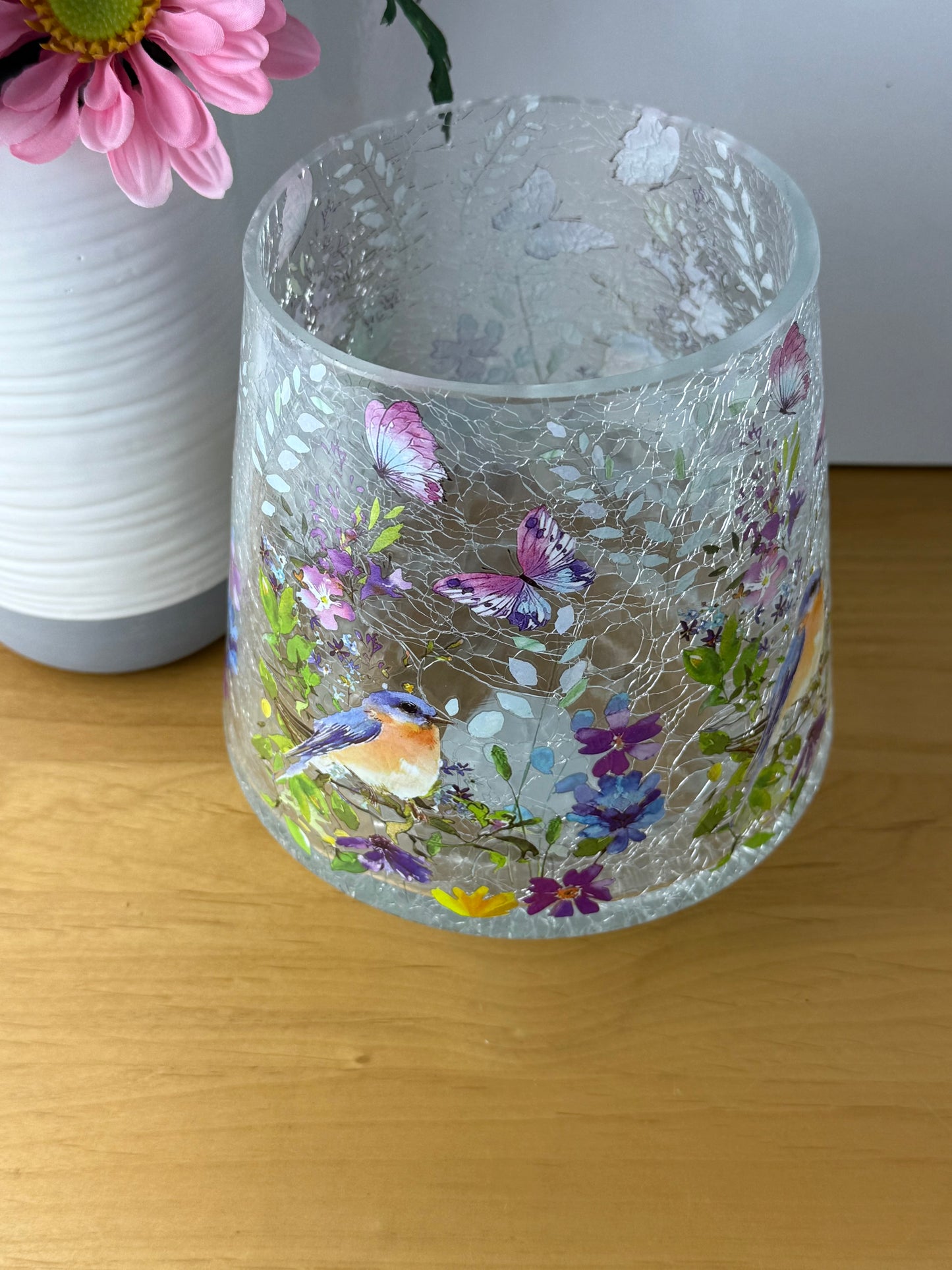 Floral Bird Hurricane Glass Vase - large