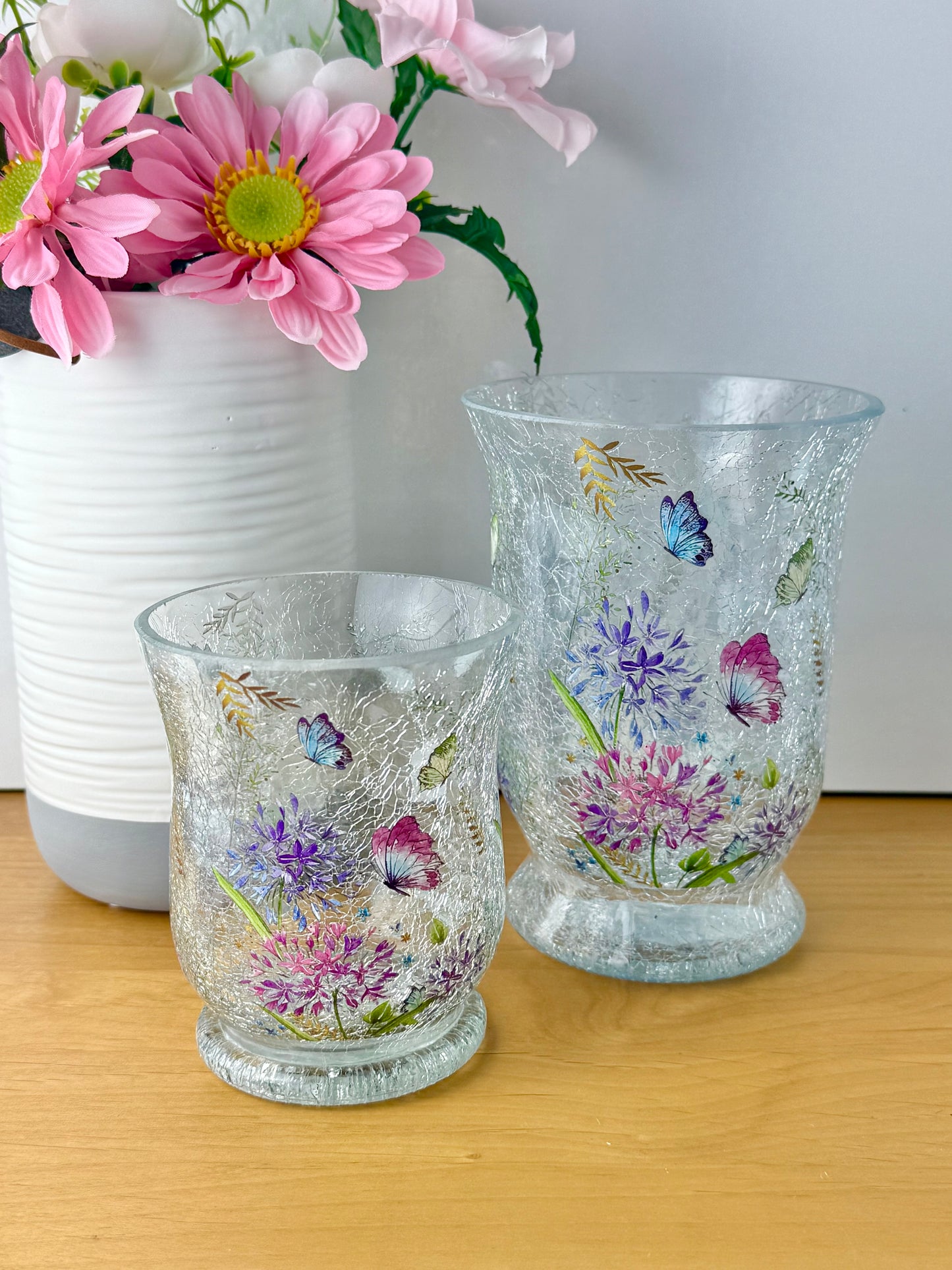 Floral Butterfly Hurricane Glass Vase - medium