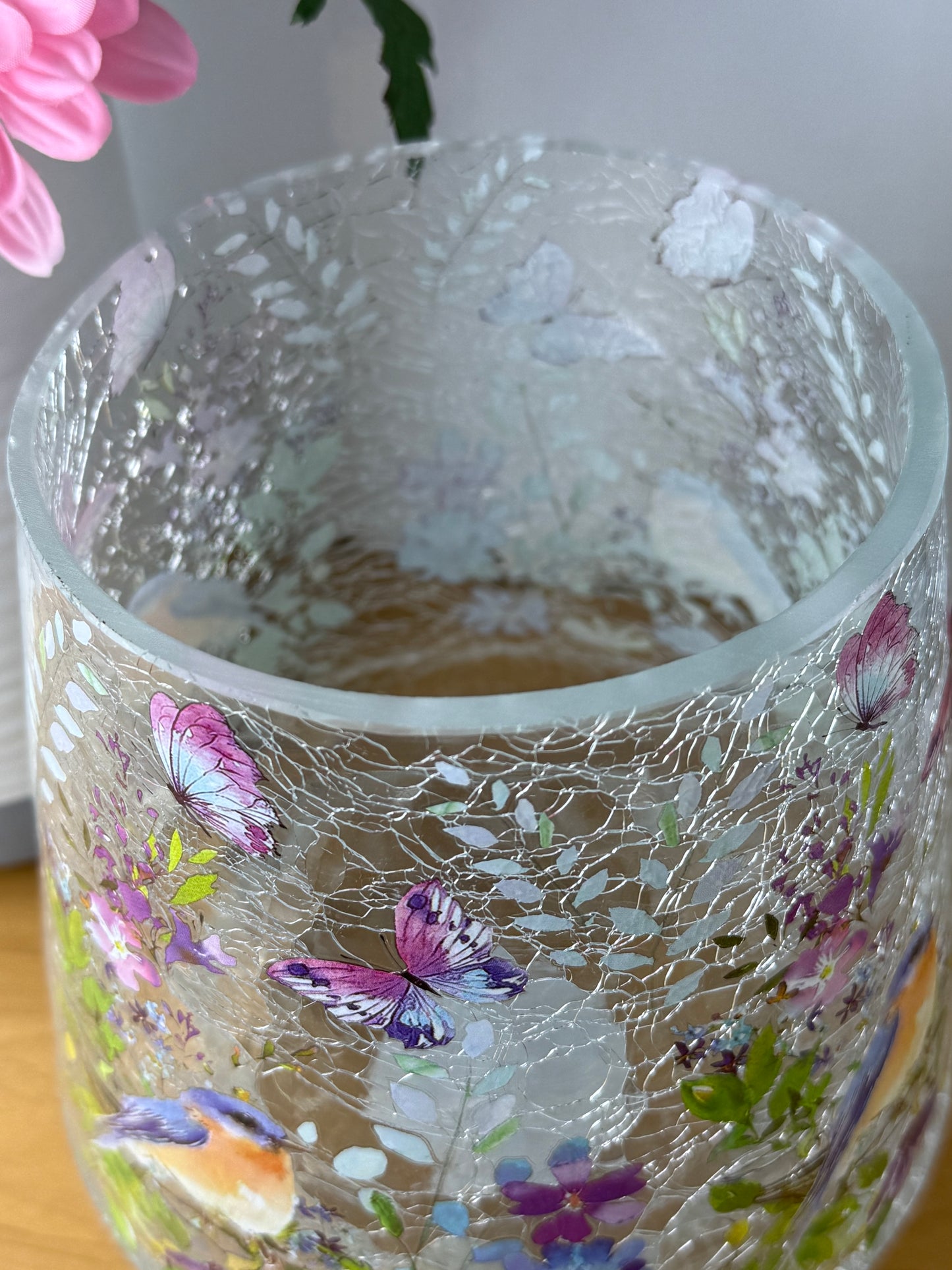 Floral Bird Hurricane Glass Vase - large