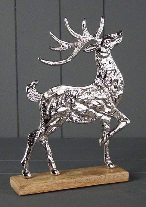 Silver Reindeer On Wooden Base - Large