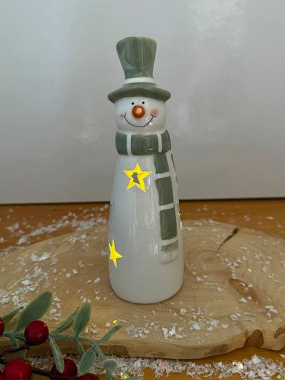 Light Up Green & White Ceramic Snowman - 2 sizes