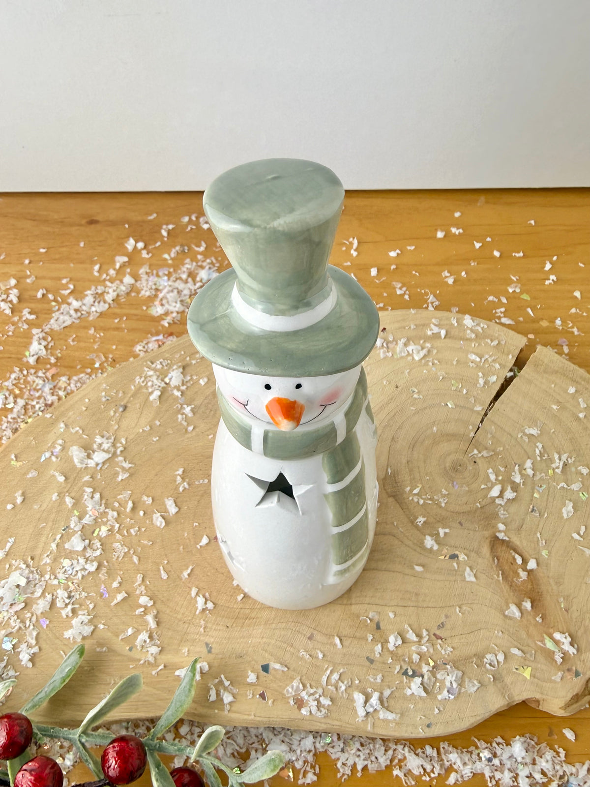 Light Up Green & White Ceramic Snowman - 2 sizes