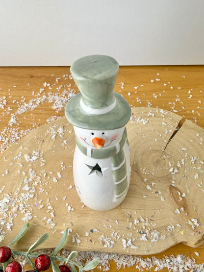 Light Up Green & White Ceramic Snowman - 2 sizes