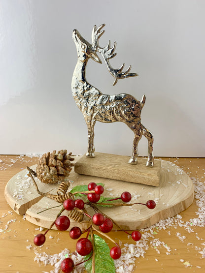 Silver Reindeer On Wooden Base - Large