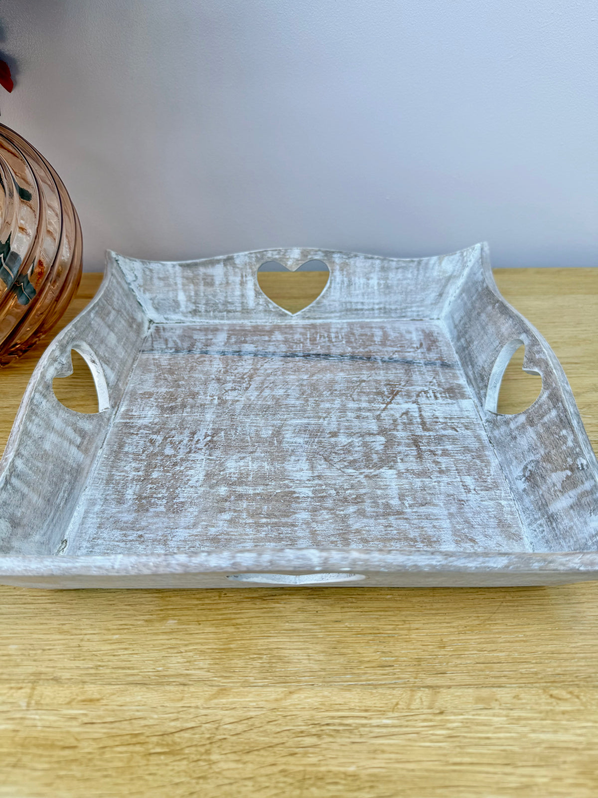 Wooden square tray with heart cutouts