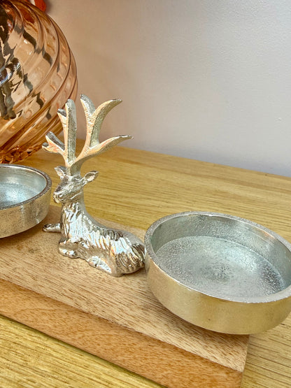 Wooden Silver Reindeer and Christmas Tree T-light holder