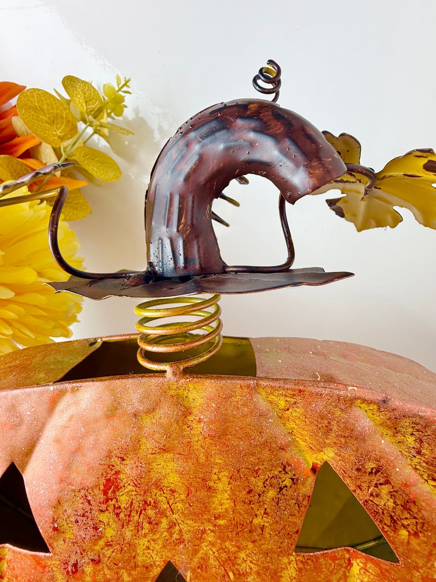 Rustic Orange Metal Pumpkin decoration with decorative stalk