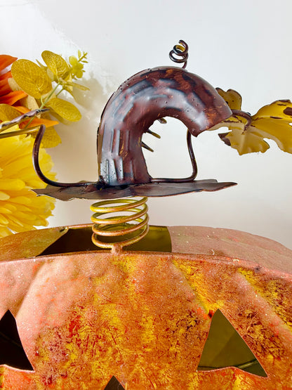 Rustic Orange Metal Pumpkin decoration with decorative stalk