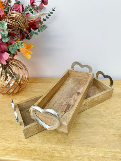 Wooden Trays with Silver heart handles - 2 sizes