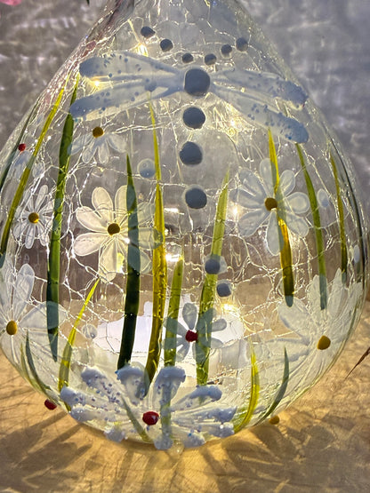 Blossom and Bloom hand painted Dragonfly glass teardrop with LED lights