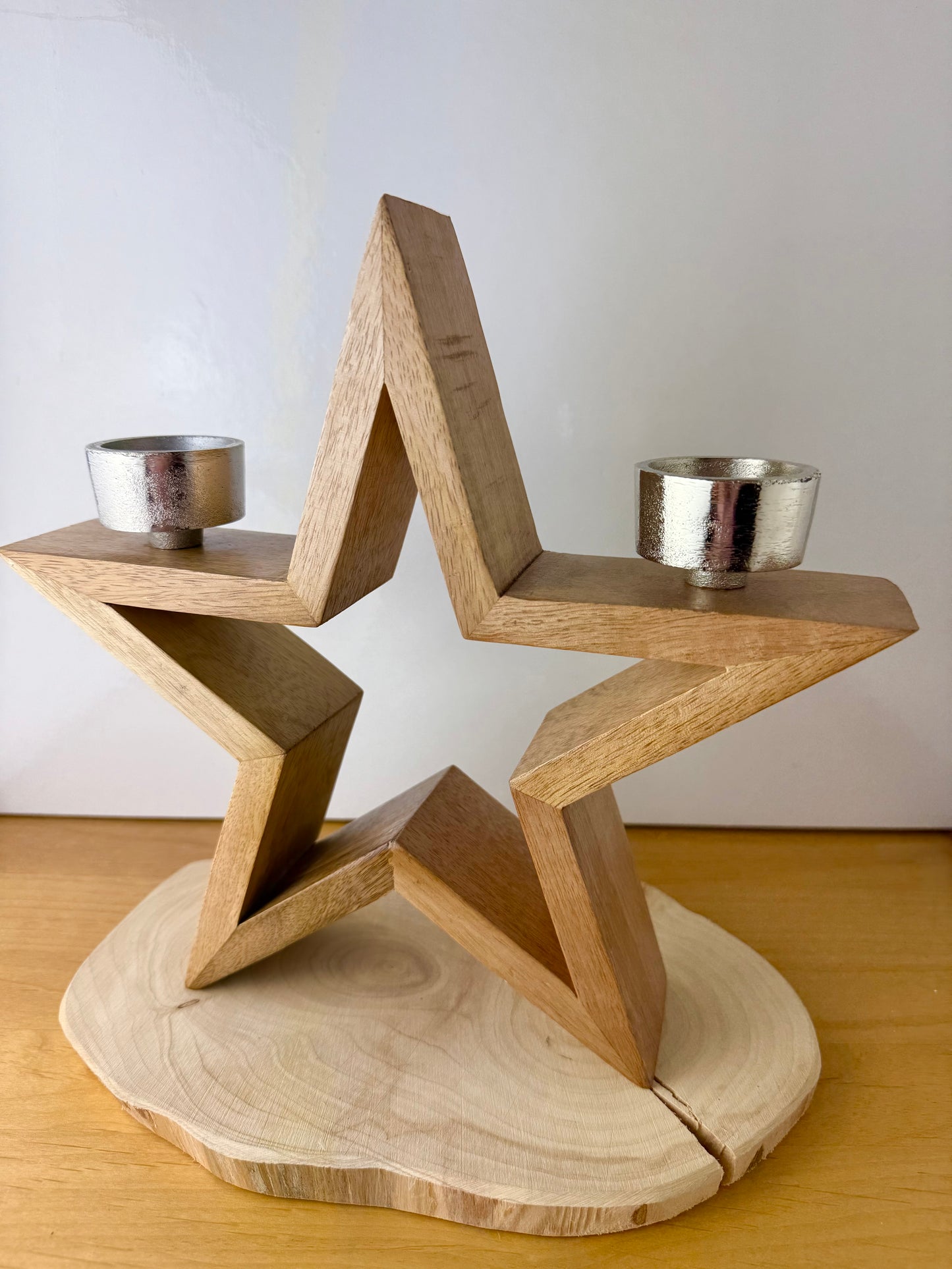 Wooden Star with silver T-light holders