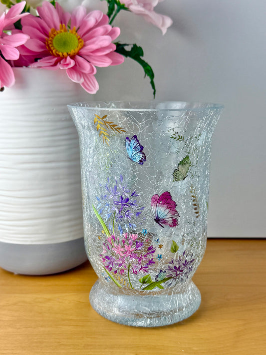 Floral Butterfly Hurricane Glass Vase - medium