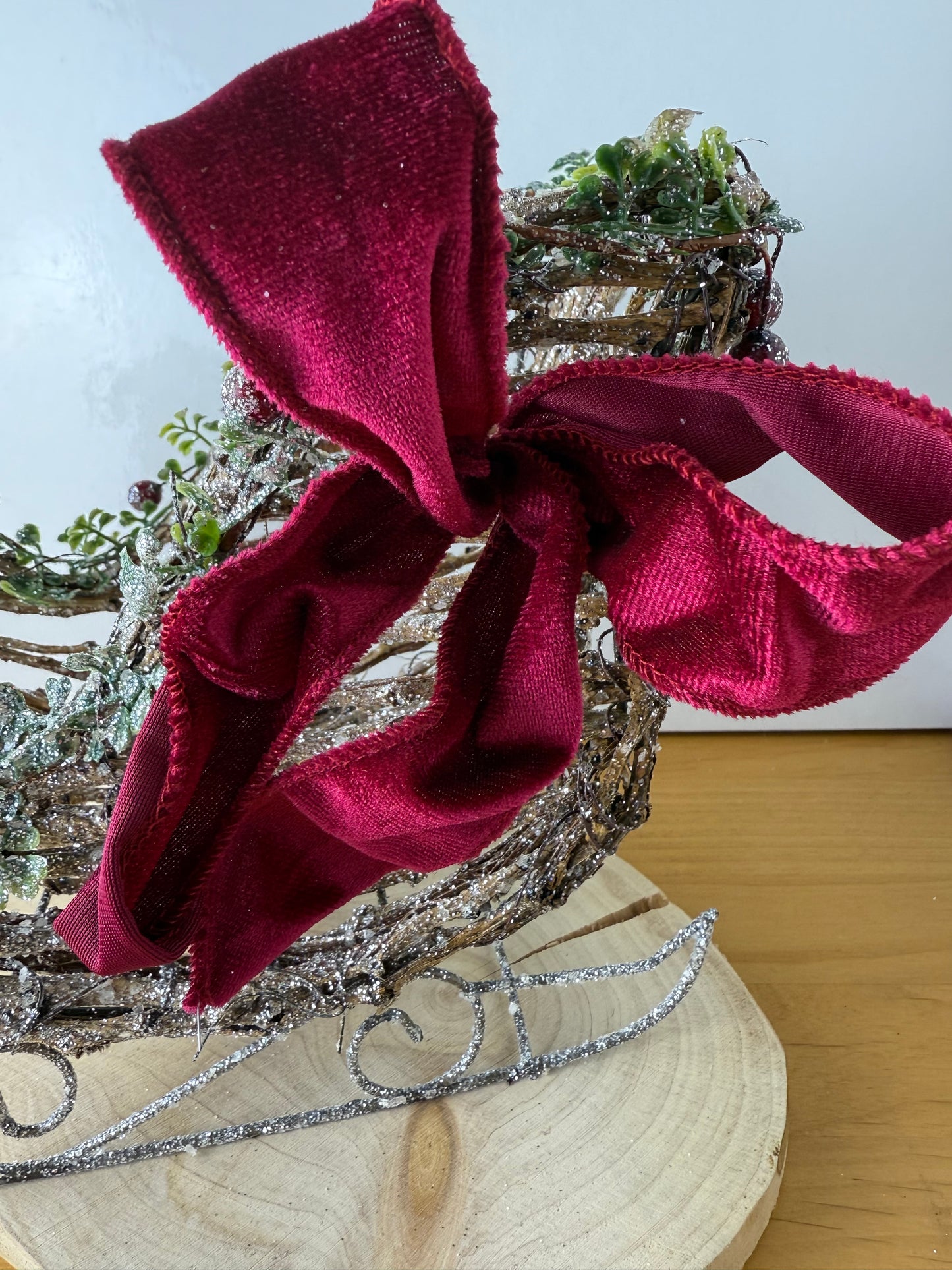 Wooden Christmas Sleigh with Red velvet bow