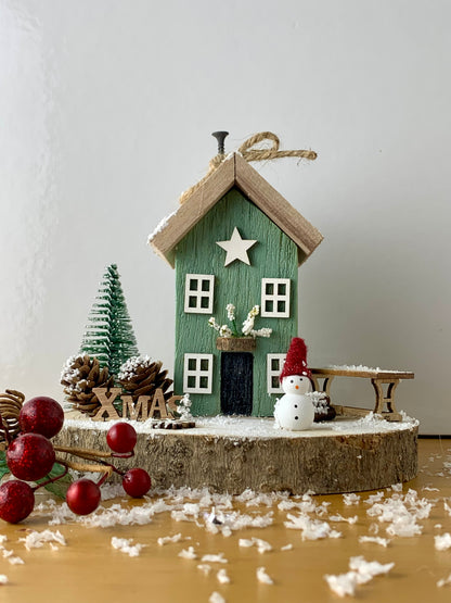 Christmas Cottage - Green with Snowman