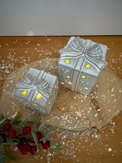 Light Up Ceramic Christmas Present with Bow - 2 Sizes
