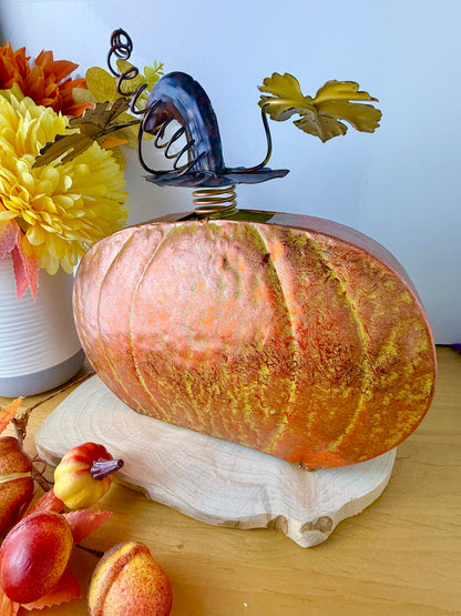 Rustic Orange Metal Pumpkin decoration with decorative stalk