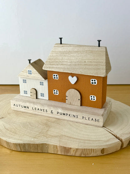 Autumn leaves & pumpkin wooden houses