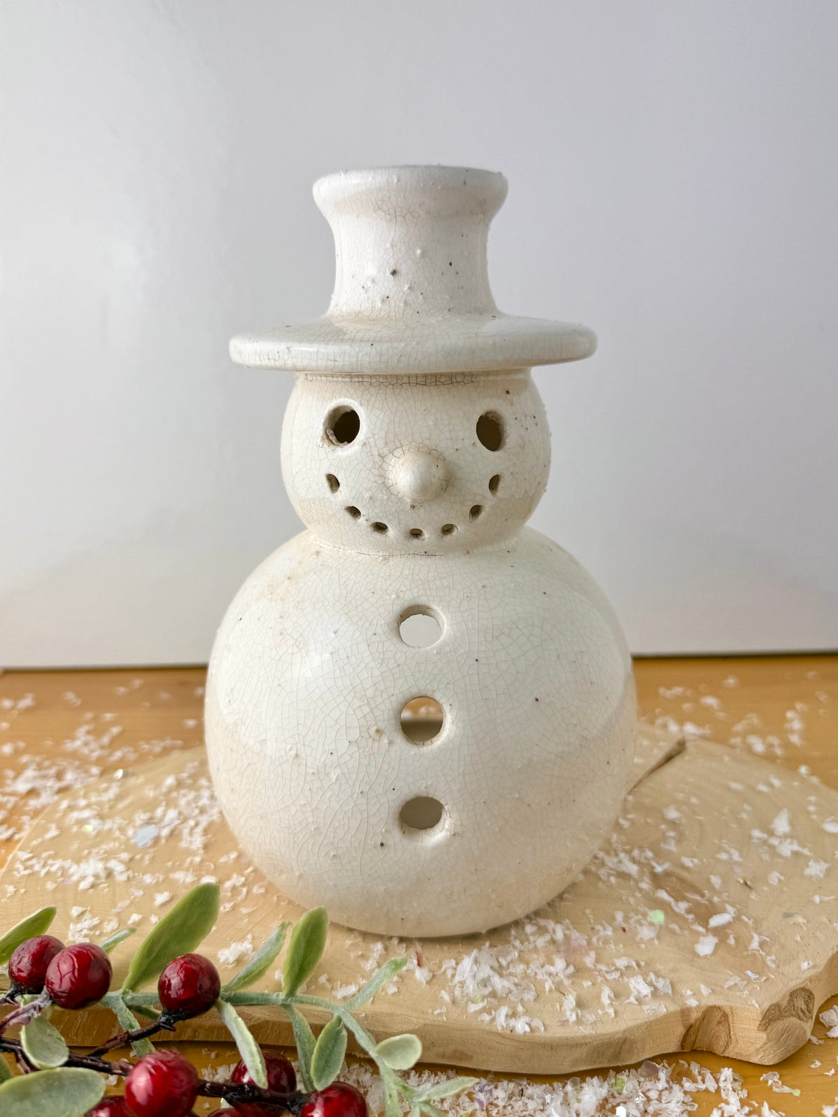 White Stoneware Snowman T-Light Holder