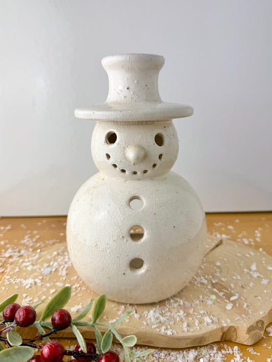 White Stoneware Snowman T-Light Holder