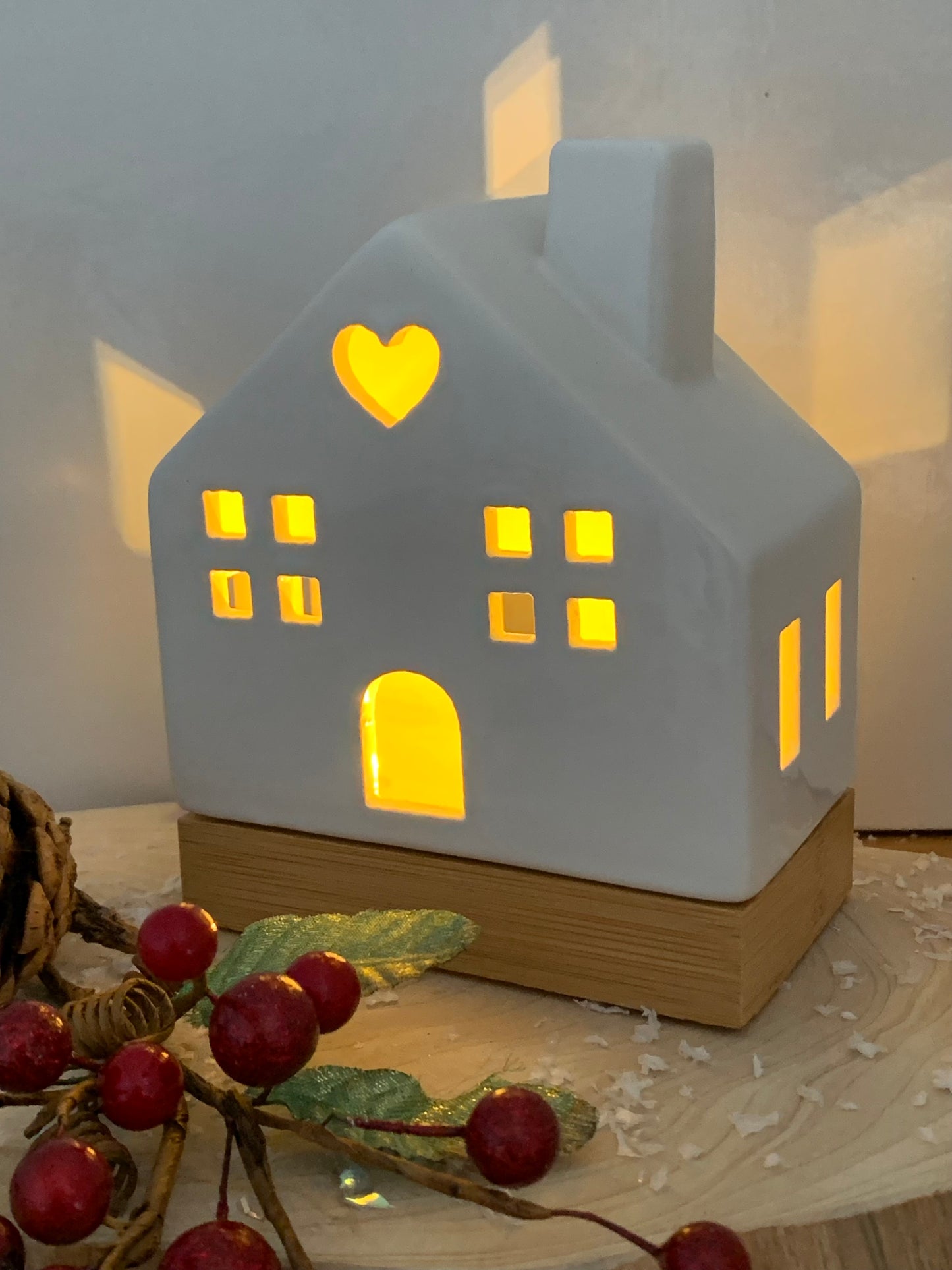 White Ceramic LED House with wooden base