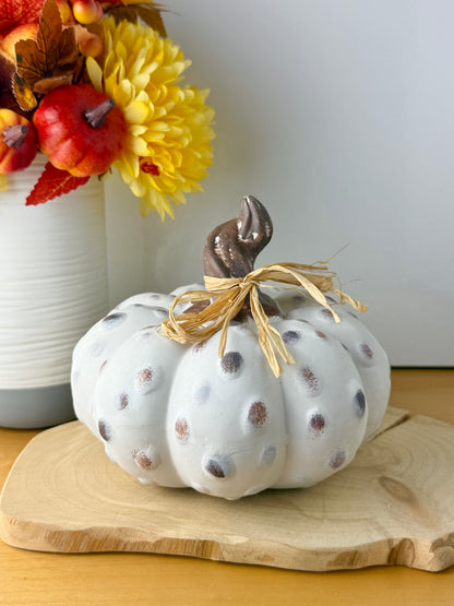 White textured pumpkins with rattan bow - Set of 2