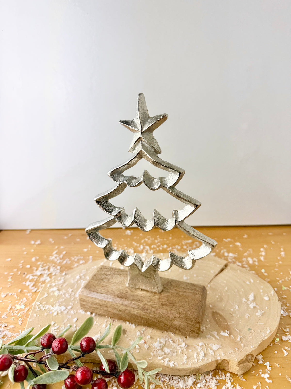 Wooden Base Silver Christmas Tree with Star - 2 Sizes