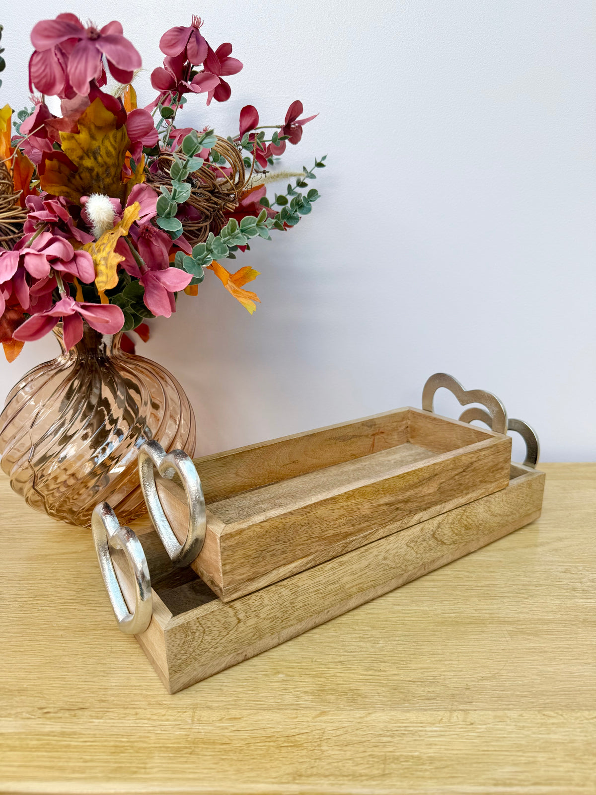 Wooden Trays with Silver heart handles - 2 sizes