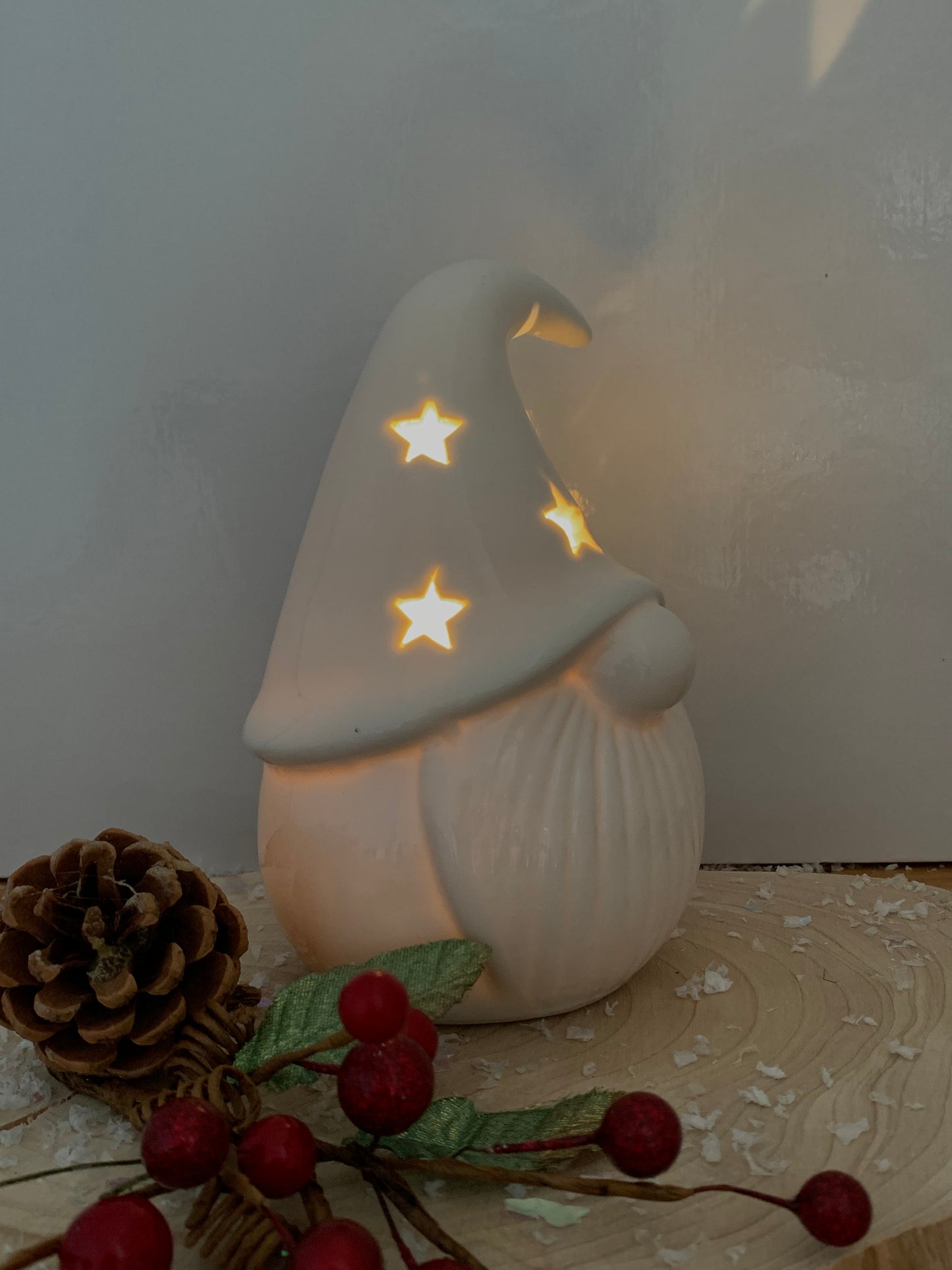 White Ceramic LED Santa with Star cutouts