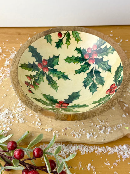 Wood & Enamel Holly Serving Bowl