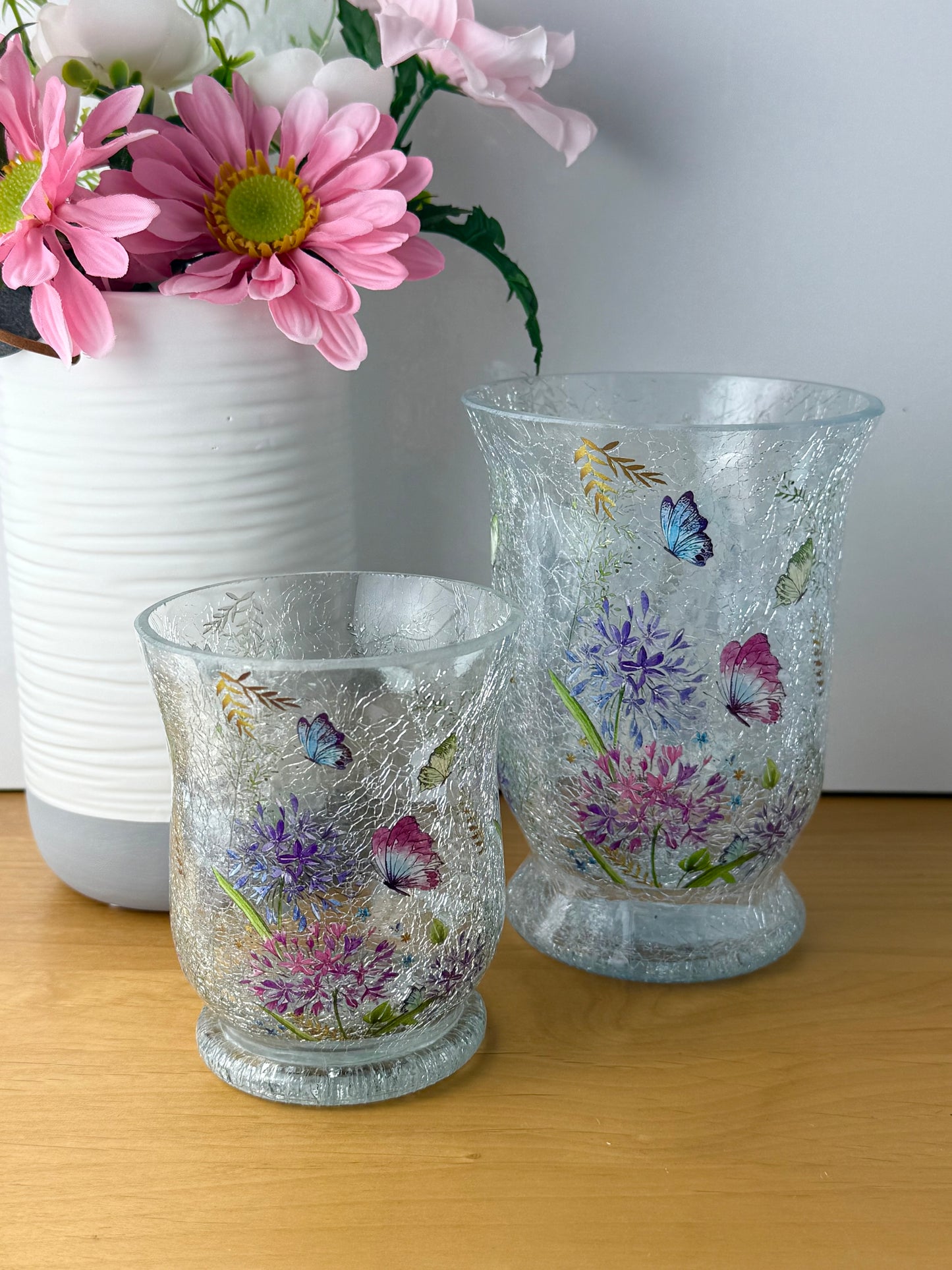 Floral Butterfly Hurricane Glass Vase - medium