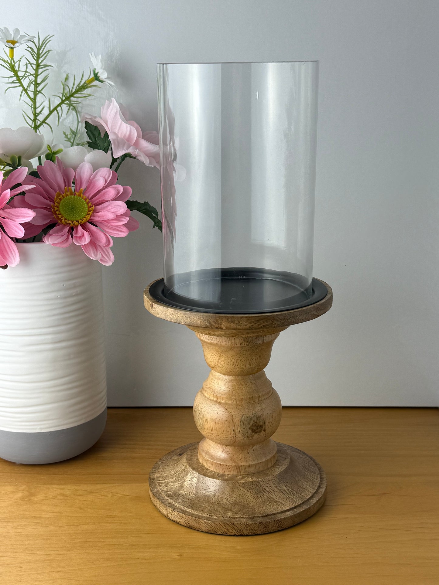 Glass & Wood Pillar Candle Holder