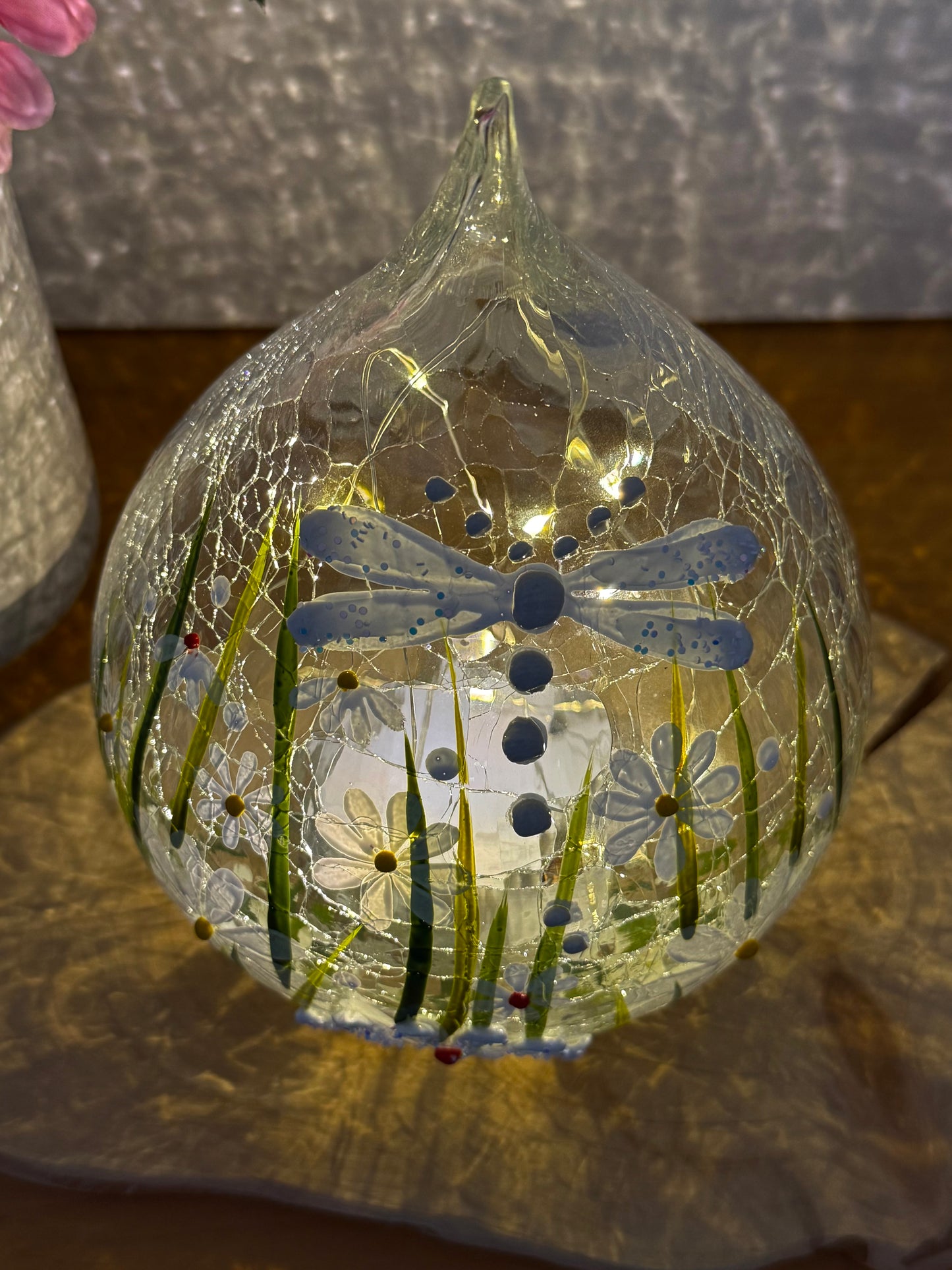 Blossom and Bloom hand painted Dragonfly glass teardrop with LED lights