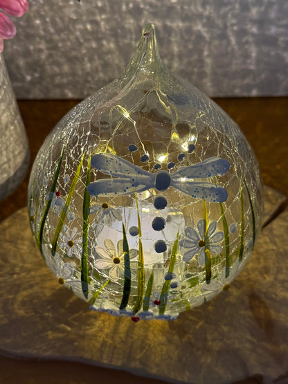 Blossom and Bloom hand painted Dragonfly glass teardrop with LED lights