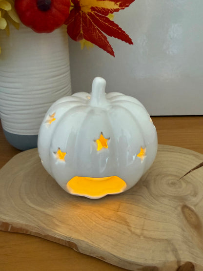 White Ceramic Pumpkin T-light Holder with cutout stars