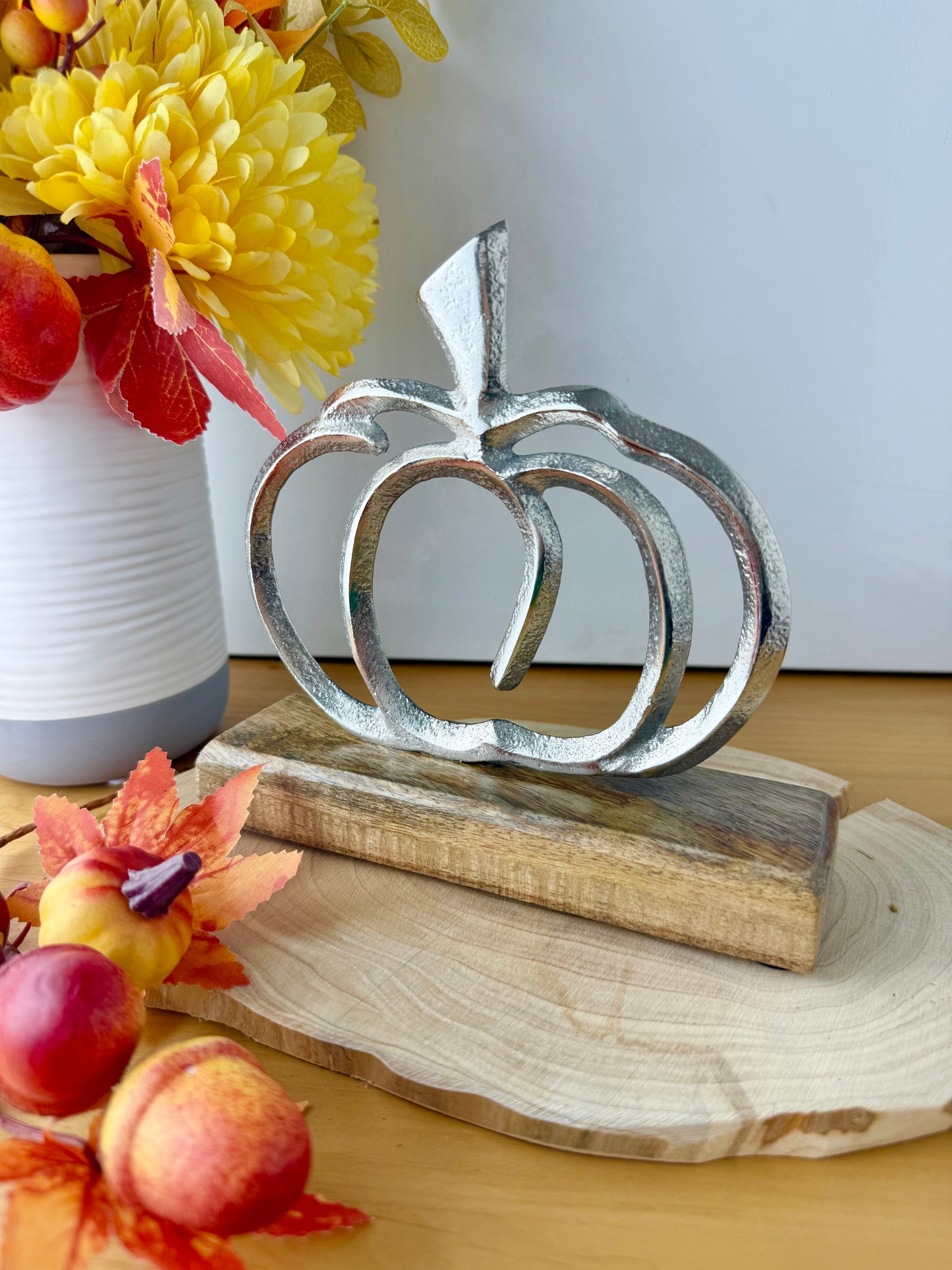 Wooden Base Silver Pumpkin